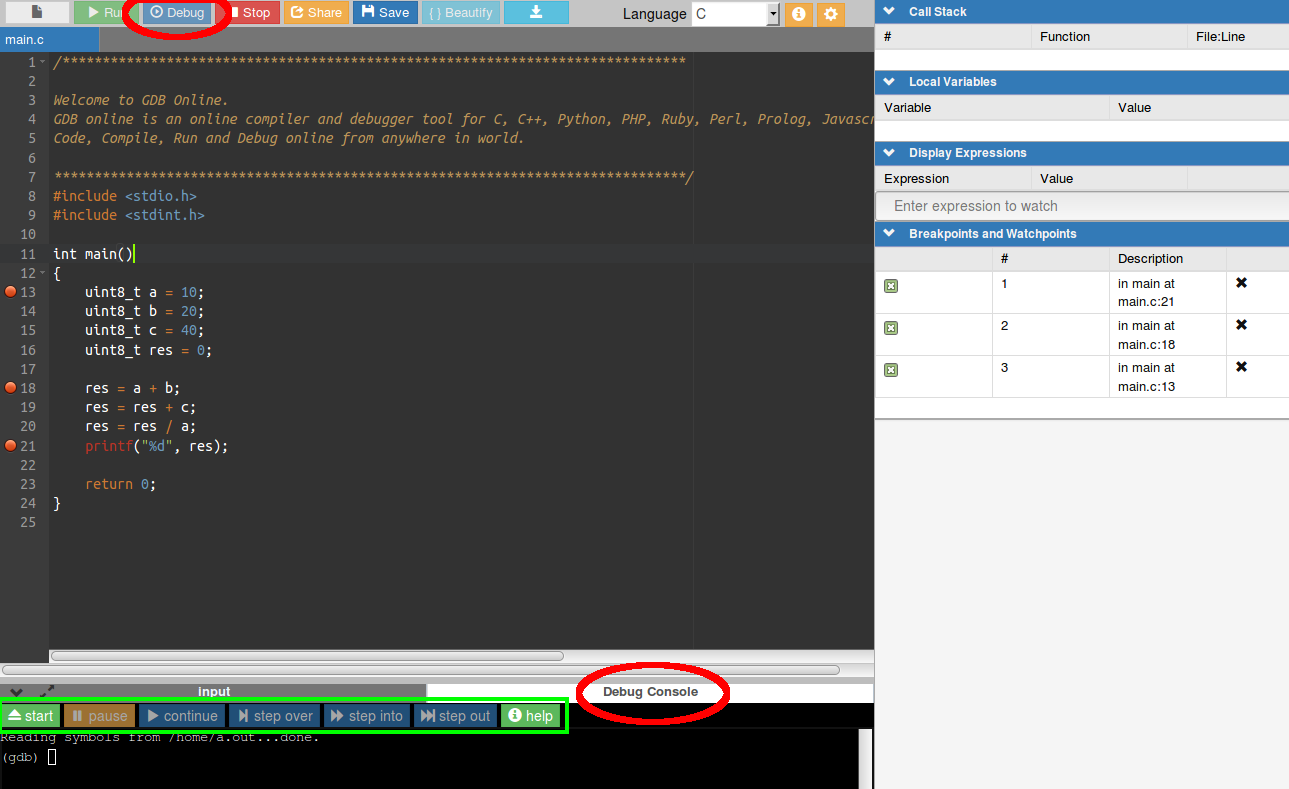 Online GDB is online ide with compiler and debugger for C/C++