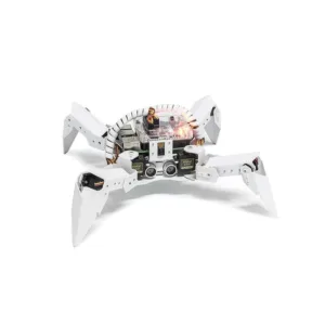 Bílý kráčející robot s kloubovými nohami a senzory