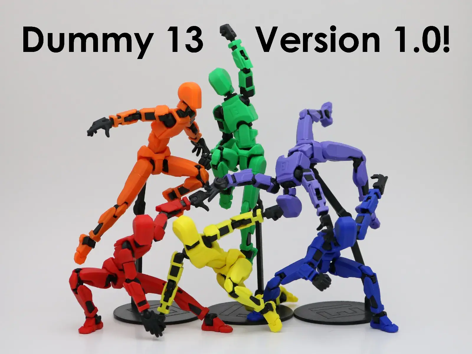 Barevné 3D tištěné figurky Dummy 13 v různých pózách