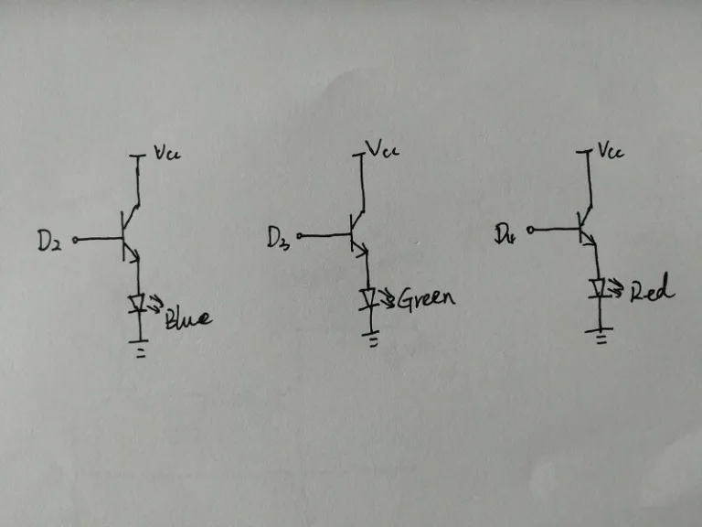 Schémata zapojení modré, zelené a červené LED k výstupům mikrokontroléru