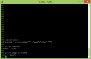 Terminál PuTTY zobrazuje v MicroPythonu načtení JSONu a výpis slovníku se jménem John