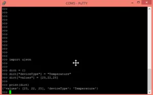 Terminál PuTTY zobrazuje MicroPython kód a výsledek zakódování slovníku do JSONu