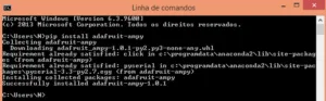 Příkazový řádek Windows zobrazuje instalaci nástroje adafruit-ampy pomocí pip