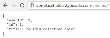 Prohlížeč zobrazuje JSON odpověď serveru JSONPlaceholder s údaji o albu