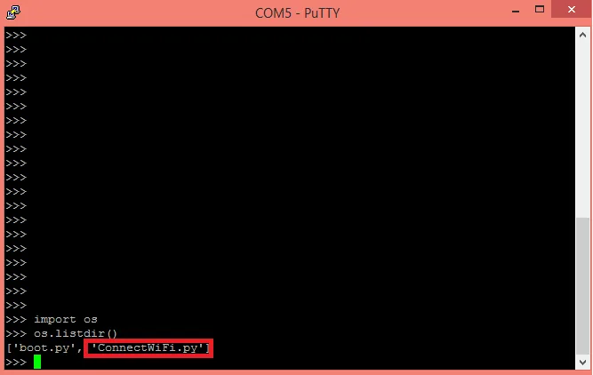 PuTTY zobrazuje výpis souborů zařízení s nahraným skriptem ConnectWiFi.py