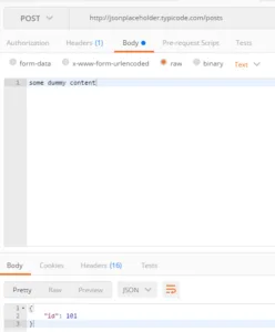 Postman zobrazuje HTTP POST požadavek s textovým tělem a odpovědí JSON
