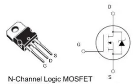 Schéma N-kanálového MOSFETu se zapojením vývodů G, D a S