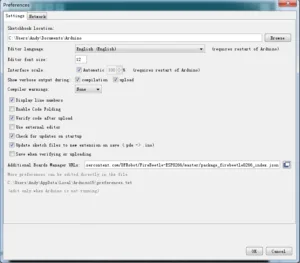 Okno předvoleb Arduino IDE s nastavením URL správce desek pro ESP32