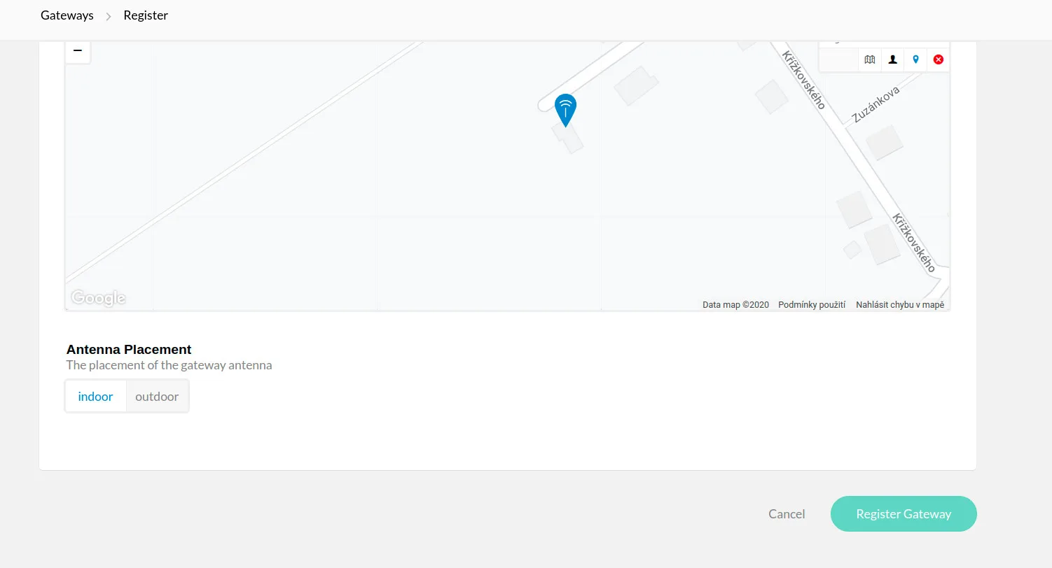 Konzole The Things Network s mapou umístění IoT gatewaye při registraci