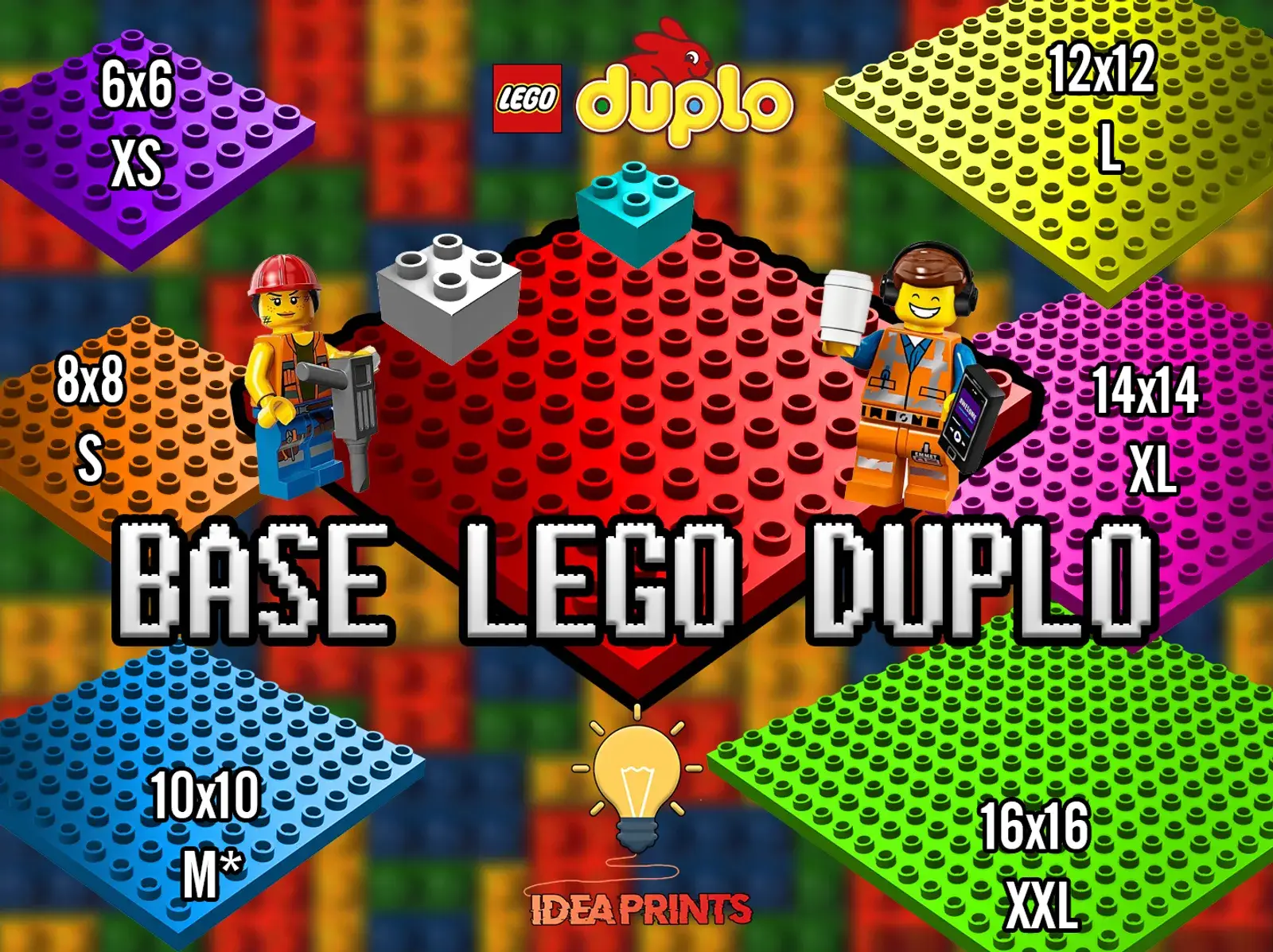 Barevné základny Lego a Lego Duplo různých velikostí s figurkami