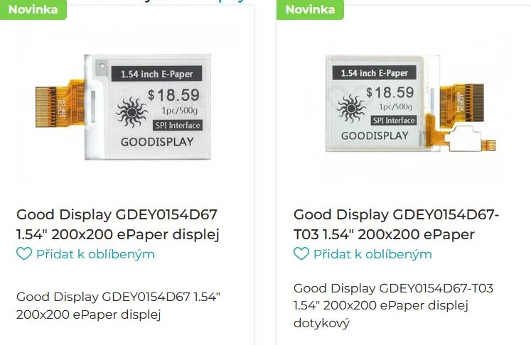 Dva ePaper displeje Good Display GDEY0154D67 a GDEY0154D67-T03
