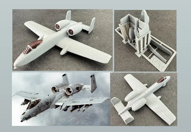Tištěný model letounu A-10 Thunderbolt a jeho díly na tiskové kartě