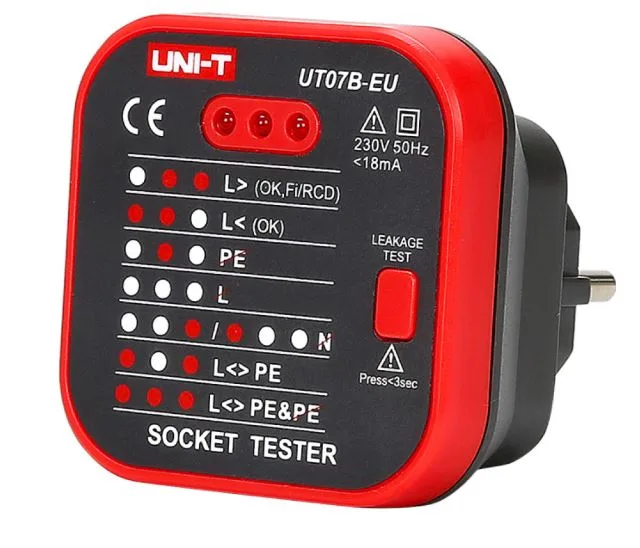 Tester zásuvek UNI-T UT07B-EU s indikátory zapojení a tlačítkem testu