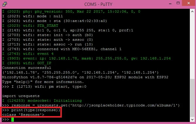 Terminál PuTTY s MicroPythonem na ESP32 zobrazuje HTTP GET a typ odpovědi Response