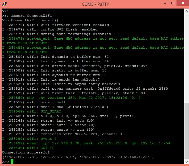 PuTTY zobrazuje výstup MicroPythonu po připojení zařízení k Wi-Fi
