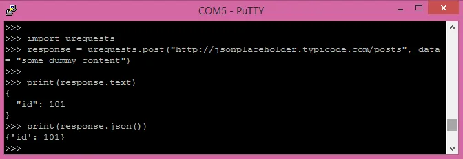 Okno PuTTY s MicroPythonem ukazuje textovou a JSON odpověď HTTP POST požadavku