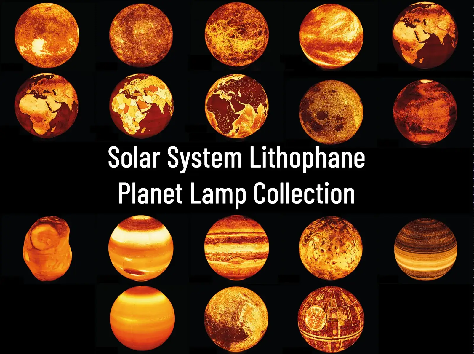 Náhled kolekce litofánových lamp ve tvaru planet Sluneční soustavy
