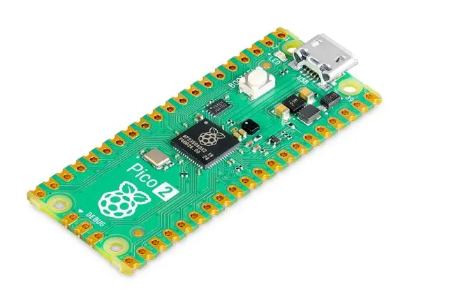Zelená vývojová deska Raspberry Pi Pico 2 s konektorem USB a řadami pinů