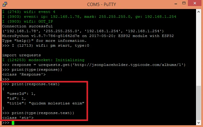 Terminál PuTTY zobrazuje JSON odpověď serveru po HTTP GET požadavku v MicroPythonu