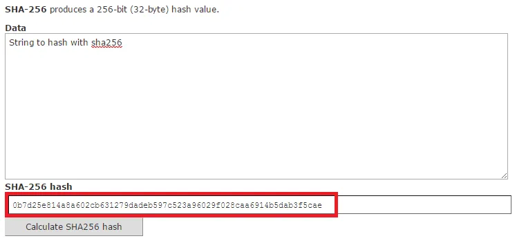 Webová kalkulačka SHA-256 zobrazuje hash textu „String to hash with sha256“