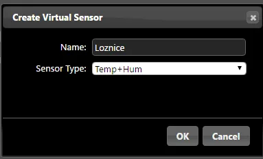 Dialog Domoticz Create Virtual Sensor pro senzor Ložnice typu teplota a vlhkost