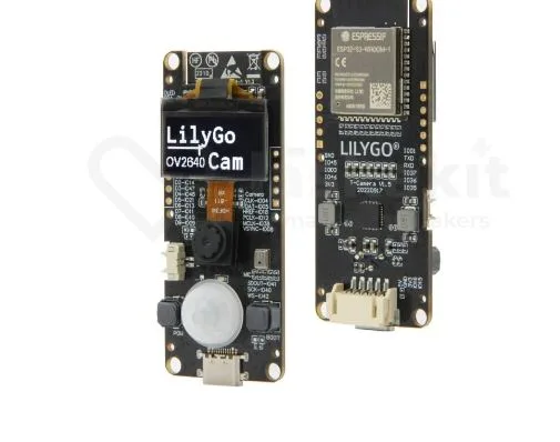 Přední a zadní strana vývojové desky LILYGO T-Camera S3 s kamerou a OLED displejem