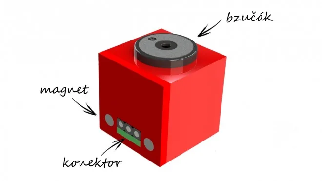 Červená elektronická kostička s bzučákem, magnetem a konektorem