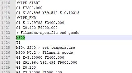 Detail G-code s nalezeným příkazem M600 pro výměnu filamentu