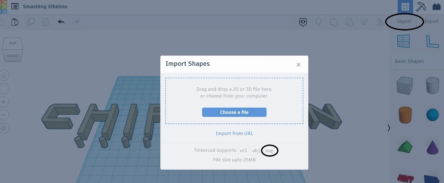 Import SVG souboru s logem do online CADu Tinkercad