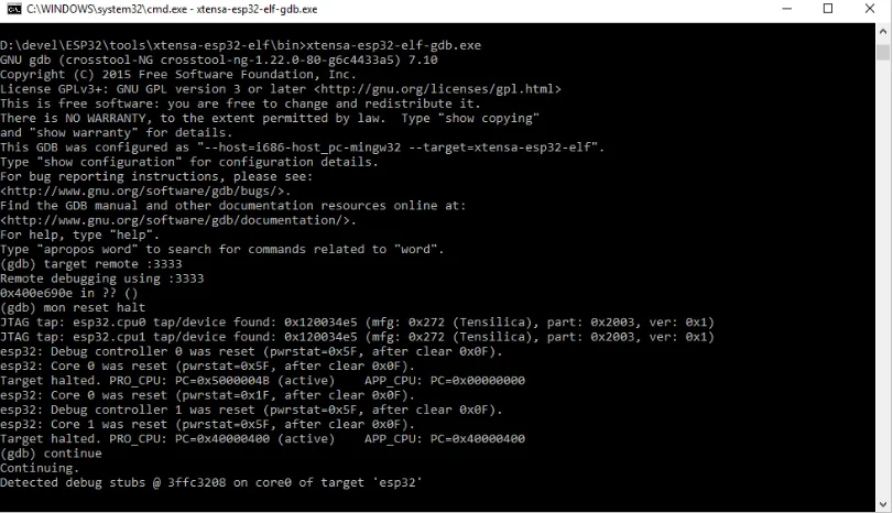 Příkazový řádek Windows s GDB připojeným k ESP32 přes OpenOCD