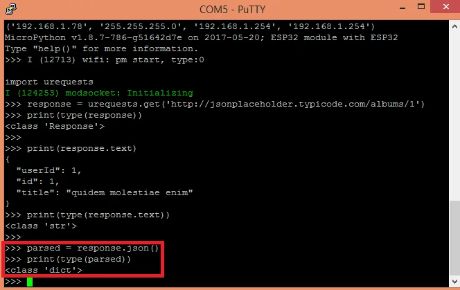 Terminál PuTTY s MicroPythonem na ESP32 zobrazuje JSON odpověď a její převod na slovník