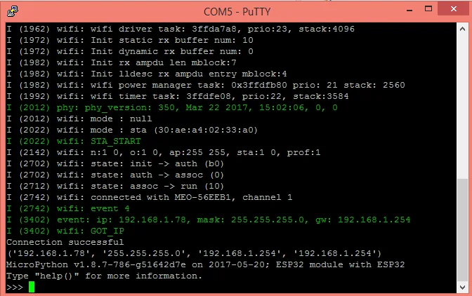 Terminál PuTTY zobrazuje úspěšné připojení desky ESP32 k WiFi