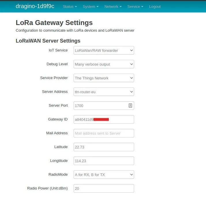 Webové rozhraní nastavení LoRa gatewaye a serveru The Things Network