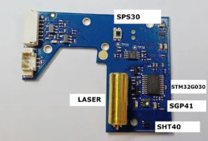 Deska multisenzorového modulu s popisky SPS30, STM32G0, SGP41, SHT40 a laseru