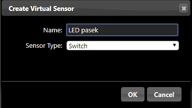Dialog Domoticz Create Virtual Sensor pro vytvoření spínače LED pásku