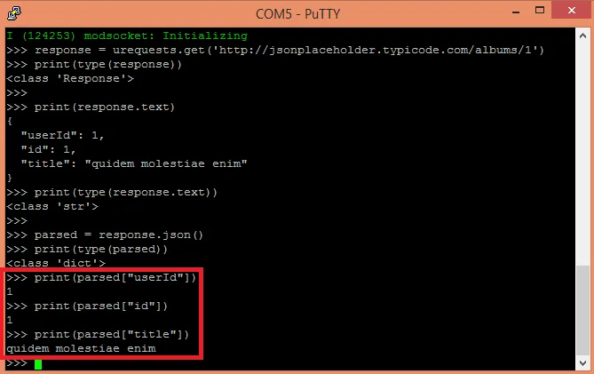 Terminál PuTTY s JSON odpovědí a vypsanými položkami userId, id a title
