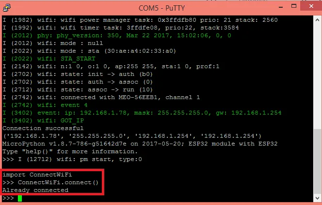 PuTTY zobrazuje konzoli ESP32 s úspěšným připojením k WiFi a hláškou Already connected