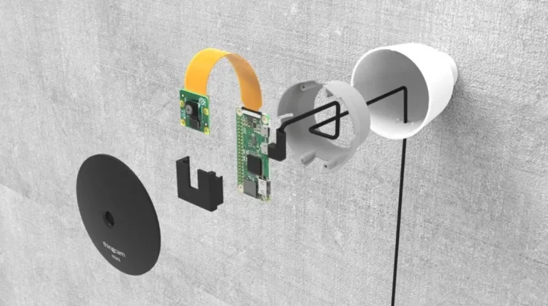 Rozložené součásti venkovní kamery s Raspberry Pi a plochým kamerovým kabelem