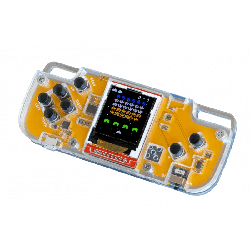 CircuitMess Nibble, DIY herní konzole s oranžovým plošným spojem a displejem