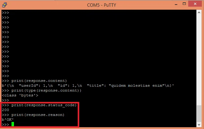 Terminál PuTTY zobrazuje HTTP odpověď status_code 200 a reason OK