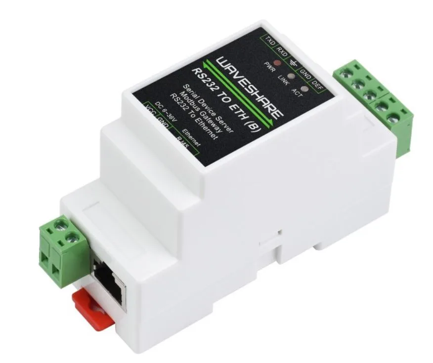 Průmyslový sériový server Waveshare RS232 na Ethernet v krytu pro montáž na lištu
