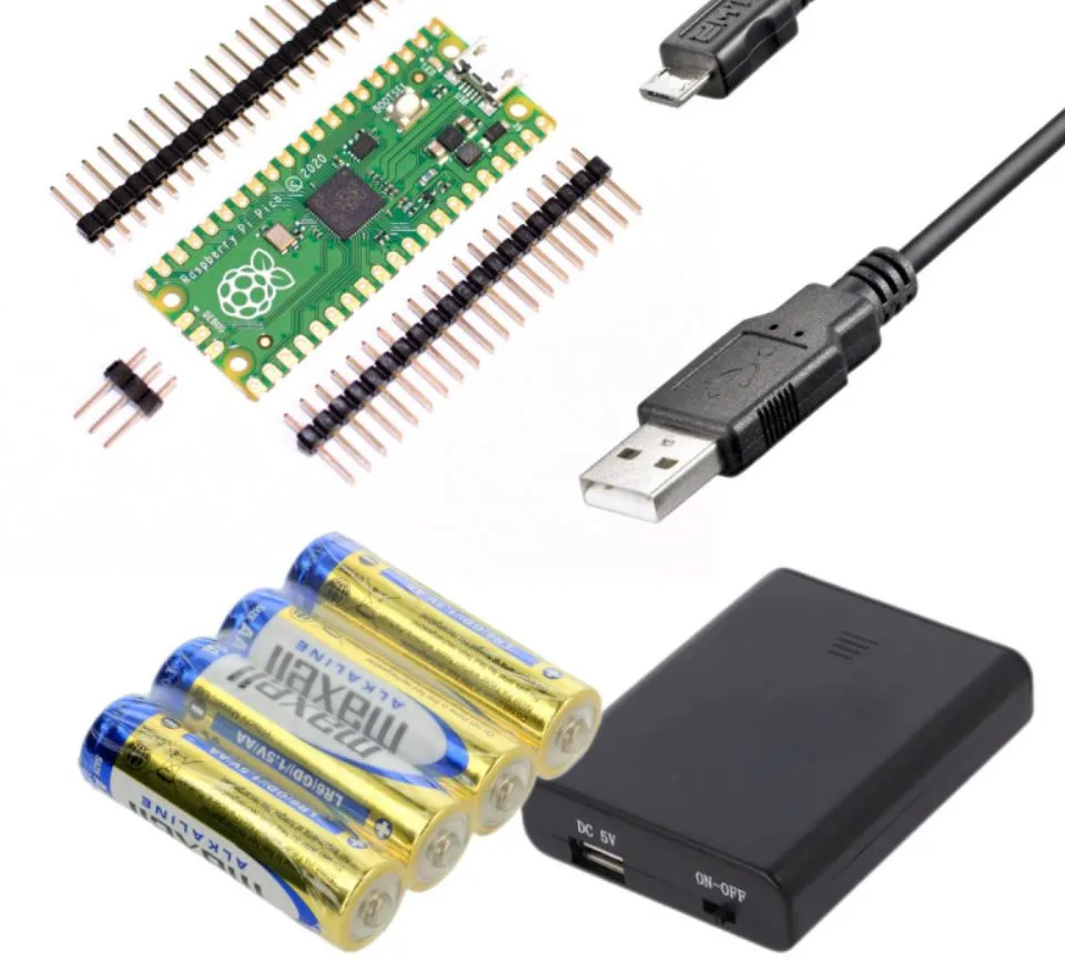 Sada Zonepi Pico2Go s deskou Raspberry Pi Pico, USB kabelem a bateriovým pouzdrem