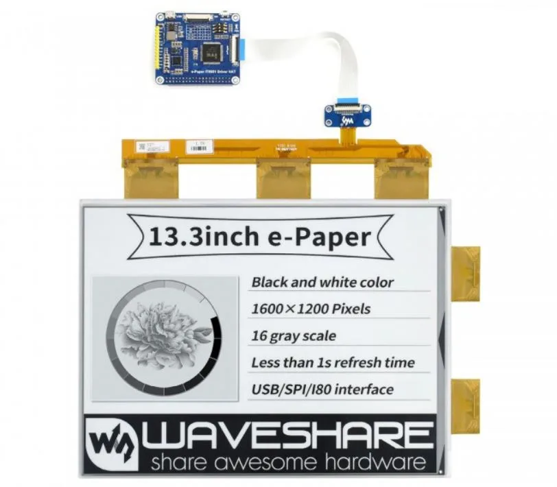Waveshare 13,3″ e-Paper displej HAT pro Raspberry Pi s řadičem