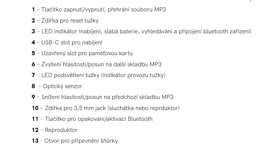 Schéma částí Albi tužky 2.0 s tlačítky, USB-C konektorem a reproduktorem