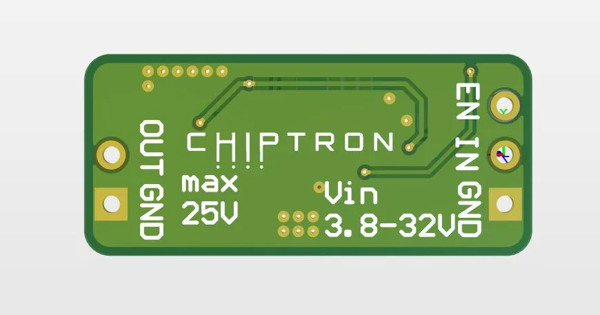 Renderovaný plošný spoj snižujícího měniče s popisky CHIPTRON, max 25 V a Vin