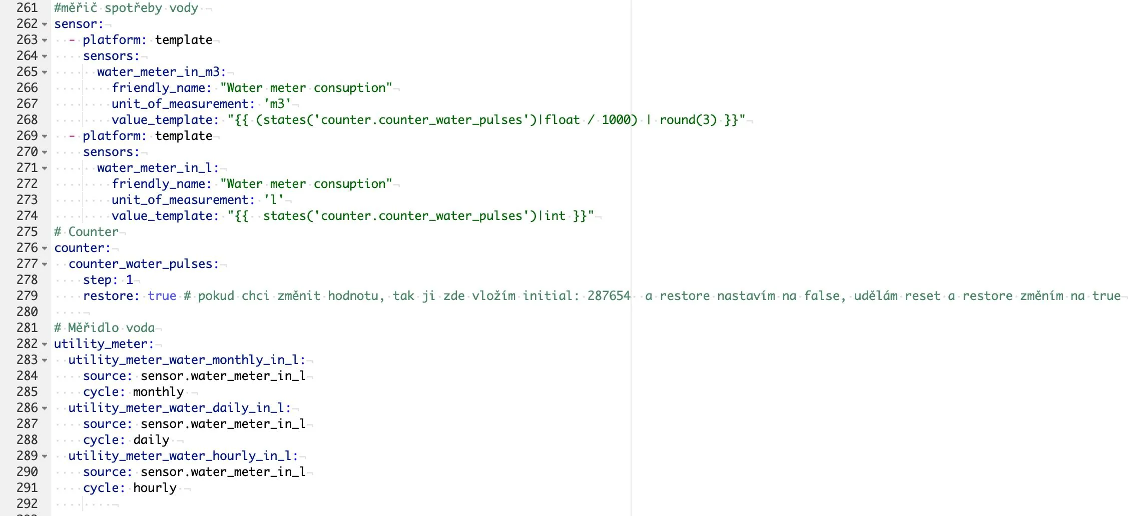 Ukázka konfigurace YAML pro počítadla pulzů a utility_meter v Home Assistantu