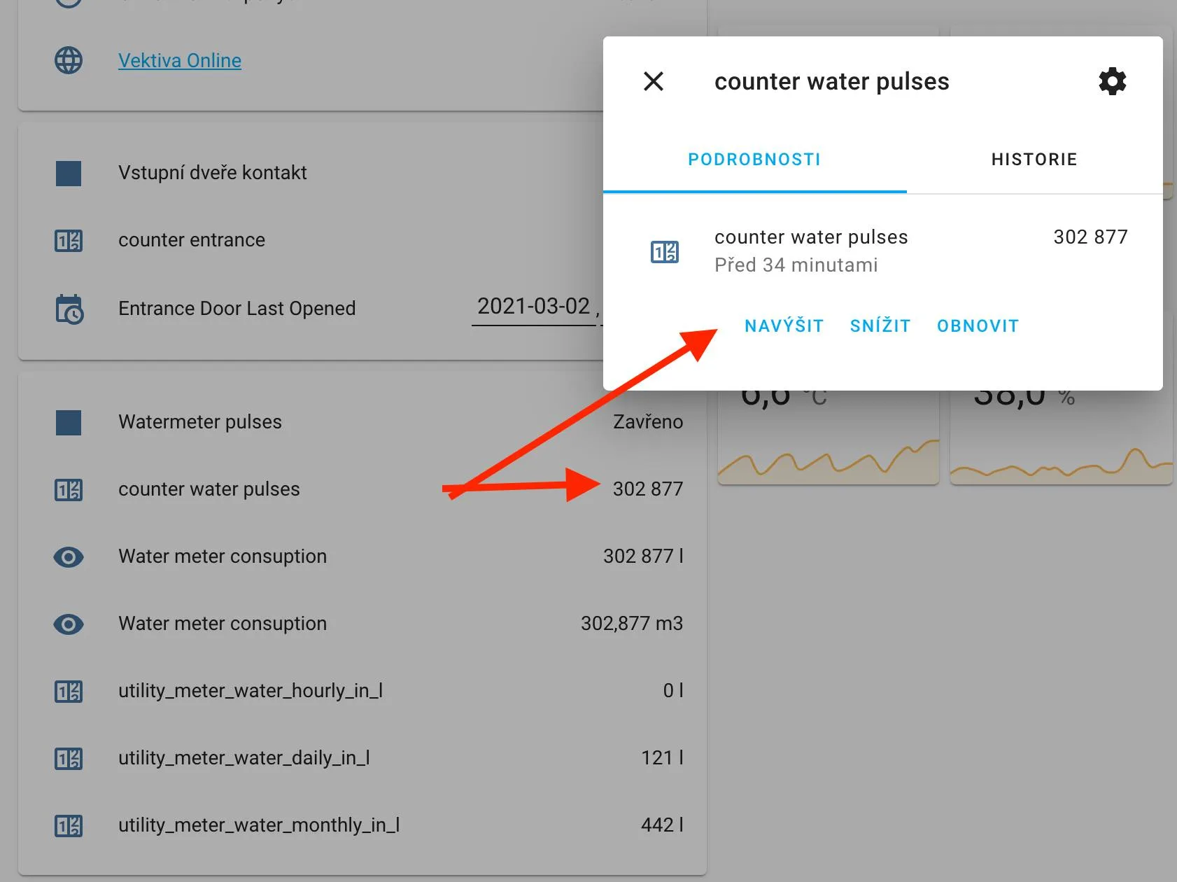Screenshot Home Assistantu z počtem pulzů vodoměru v senzoru counter water pulses