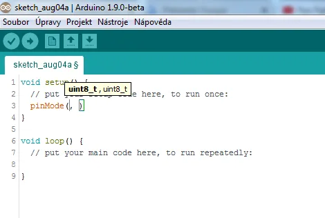 Arduino IDE 1.9.0 beta s automatickým doplňováním parametrů funkce pinMode