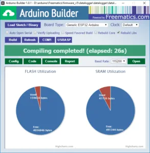 Okno Arduino Builderu po kompilaci firmwaru pro desku Generic ESP32 Arduino