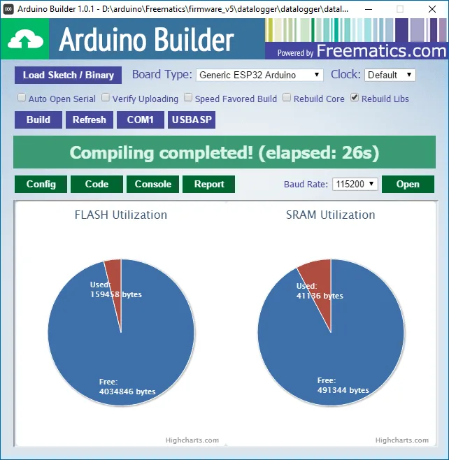 Okno Arduino Builderu po kompilaci firmwaru pro desku Generic ESP32 Arduino